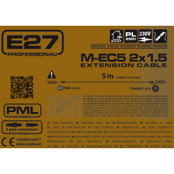 PL E27 / PML Pagarinājuma kabelis 2x1,5 mm² 5 m PAPAYA virtenēm